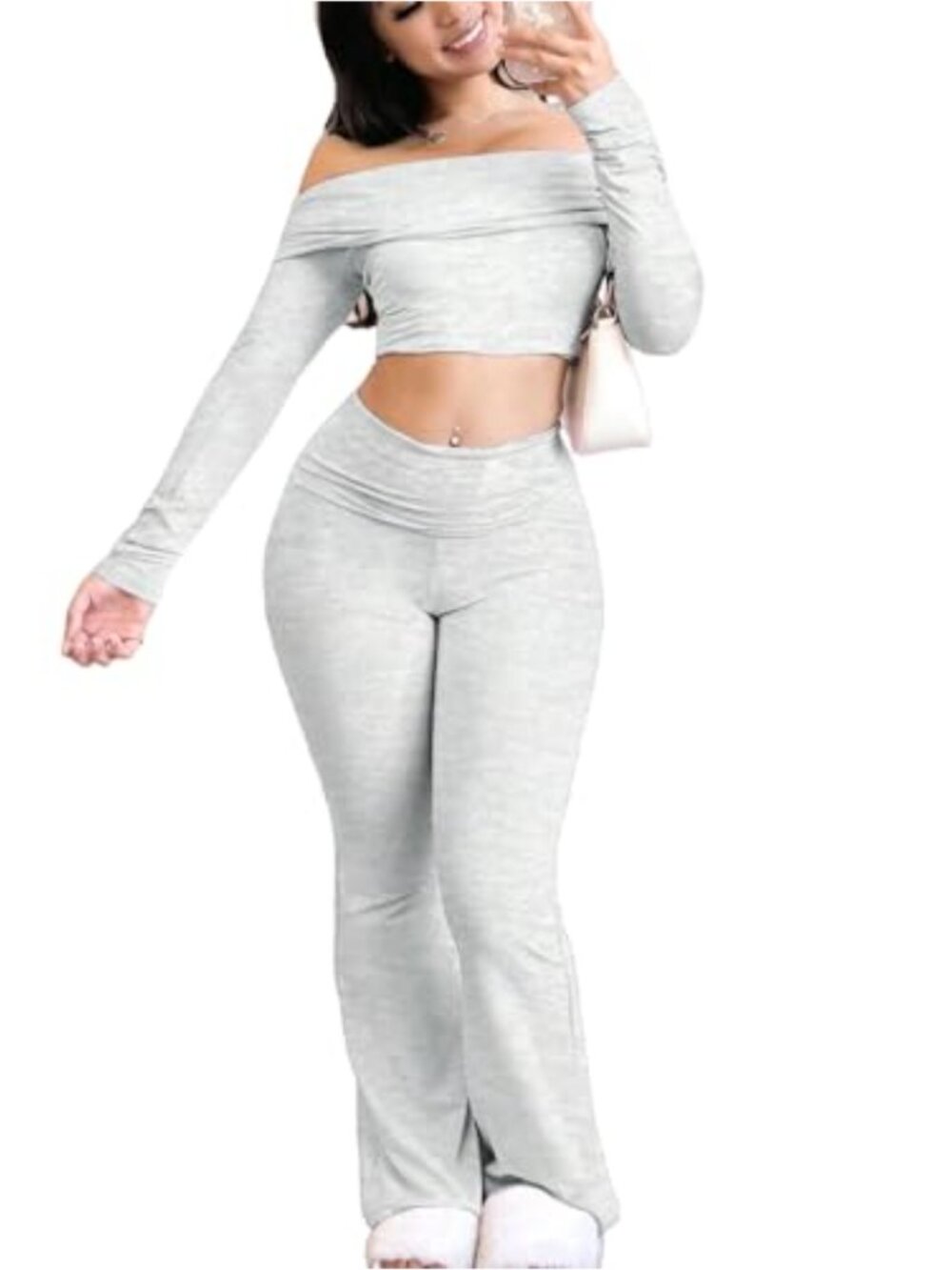 Women's 2 Piece Outfit Off Shoulder Crop Top and Pants Long Sleeve Stretchy